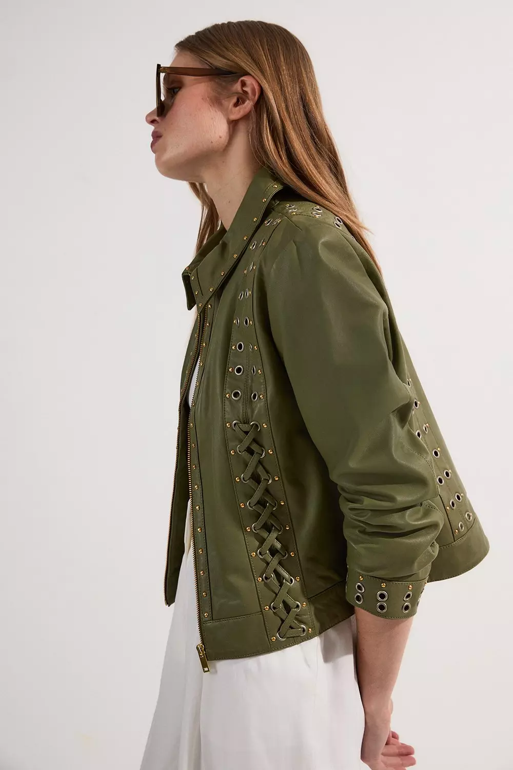 Leather Eyelet And Lace Trim Collared Jacket | Karen Millen